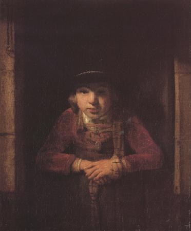 Samuel van hoogstraten A Young Man wearing a Hat decorated with Pearls and a gold Medallion in a Half-Door (mk33) Germany oil painting art
